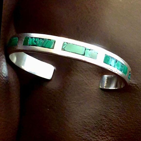 TAXCO Sterling Silver & Malachite Cuff Bangle Bracelet - Picture 1 of 10